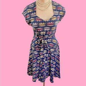 Effie's Heart Blue Trolly Print Dress & Belt sz Large